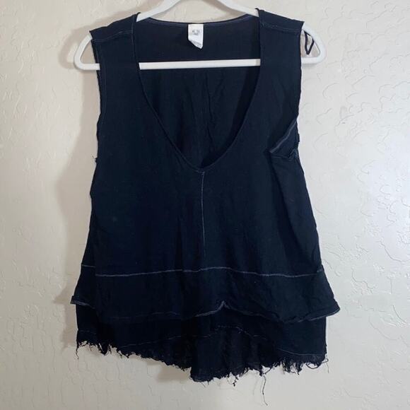 Free People peachy oversized distressed trim black v neck boho tank top - Picture 2 of 7